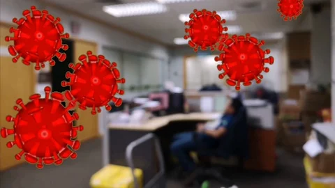Coronavirus roaming in the background of blurred office, during quarantine 스톡 동영상 128472087