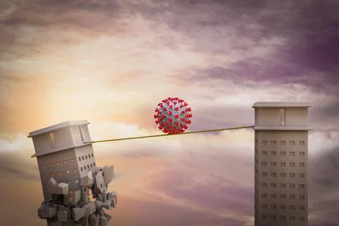 Coronavirus on a rope with one skyscraper ready to collapse. Stock Illustration