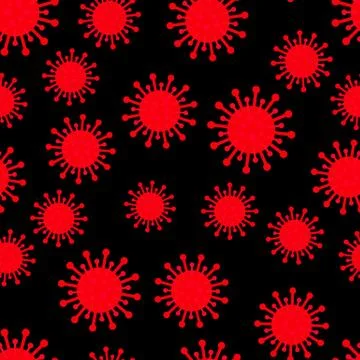 Coronavirus seamless pattern red cells on black background. Pathogen respirat Stock Illustration