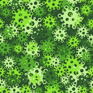 Coronavirus seamless pattern. Virus green particles on a dark green background Иллюстрация