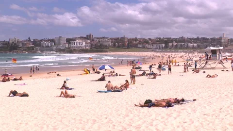 Coronavirus shuts down Bondi Beach in Australia during global COVID 19 Pandemic Stock Footage 129638333