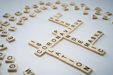 Coronavirus spelt using scrabble tiles on a white background Stock Photos