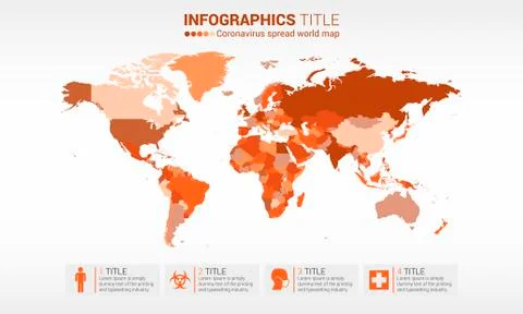 Coronavirus spread world map, covid 19 infographics with icons and symbols, c Stock Illustration