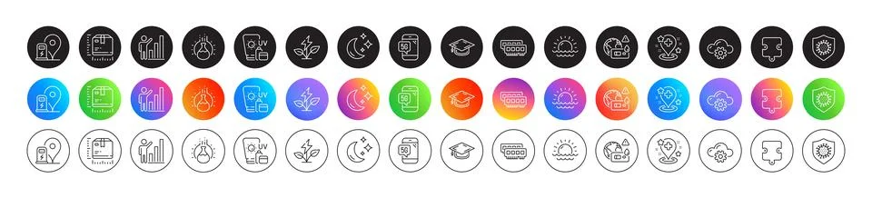 Coronavirus, Sunset and Cloud computing line icons. For web app, printing. Round Stock Illustration