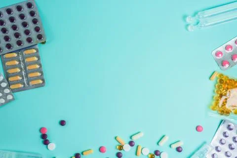 Coronavirus tablets top view. background image. capsules and tablets with bli Stock Photos