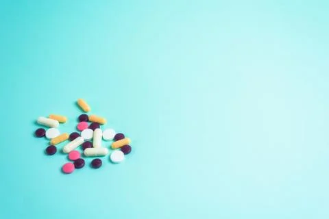 Coronavirus tablets top view. background image. capsules and tablets with bli Stock Photos