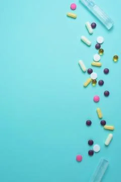 Coronavirus tablets top view. background image. capsules and tablets with bli Stock Photos