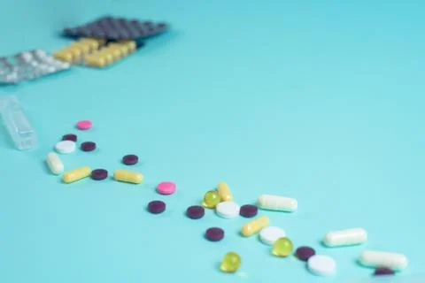 Coronavirus tablets top view. background image. capsules and tablets with bli Stock Photos