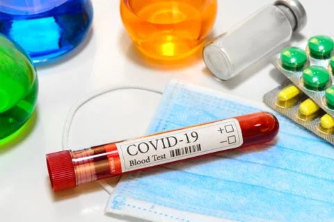 Coronavirus test laboratory sample of blood and medicine supplies Stock Photos
