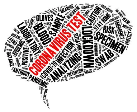 Coronavirus test speech bubble shaped word cloud concept Stock Photos