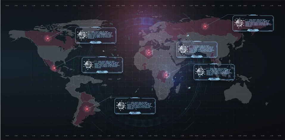 Coronavirus text outbreak with the world map in style HUD. Circle element cyber Illustrazione stock