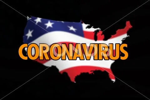 CORONAVIRUS title with United States flag and state border map on black backgrou Stock Illustration