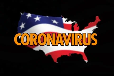 CORONAVIRUS title with United States flag and state border map on black backgrou 스톡 일러스트