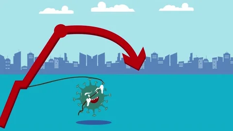 Coronavirus trying to pulling a downward red arrow Stock Footage 136564964