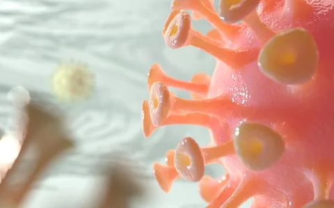 Coronavirus under microscope. Red bacteria, microbes or sars pathogen cells on Stock Illustration