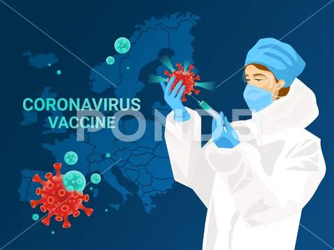 Coronavirus vaccine in action concept. Map of Europe on background. Vector Stock Illustrationen