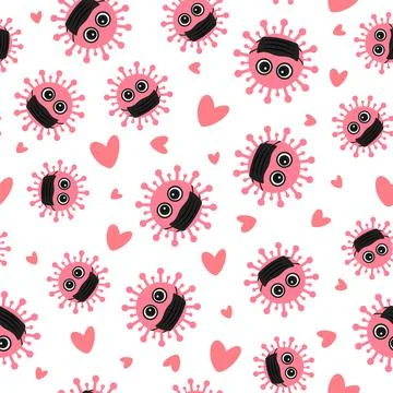 Coronavirus Valentines Day seamless pattern. Cute virus wearing protective ma Stock Illustration