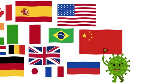Coronavirus walking through National Flags of infected countries Video stock 130898901
