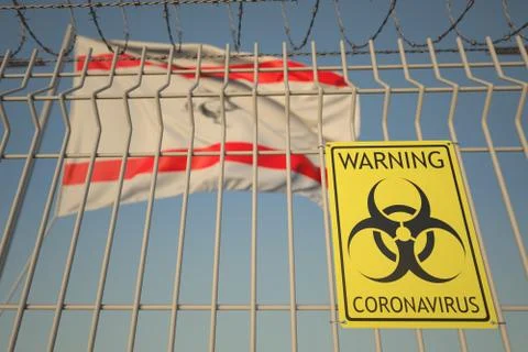 Coronavirus warning sign on the barbed wire fence near flag of Tuscany, a region Stock Illustration