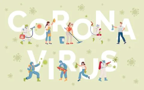 Coronavirus word vector banner template. People disinfecting surfaces during Stock Illustration