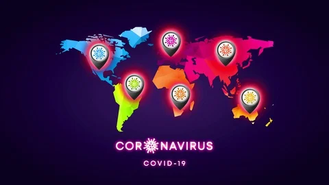 Coronavirus world map made with 3d triangular forms and a position symbol mark Stock Footage 129644404