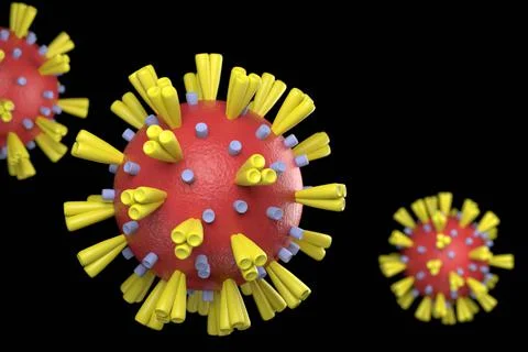 Coronaviruses (CoV). Virus cell in microscope. 3D rendering. Stock Illustration