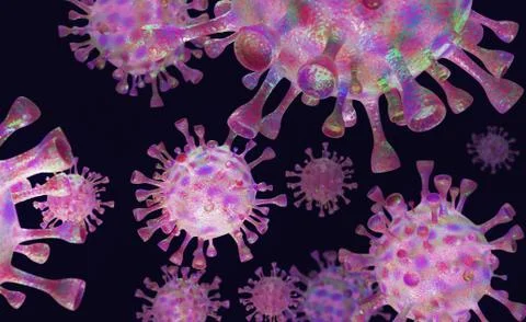 Coronaviruses KOVID-19 on a black background. 3D rendering Stock Illustration
