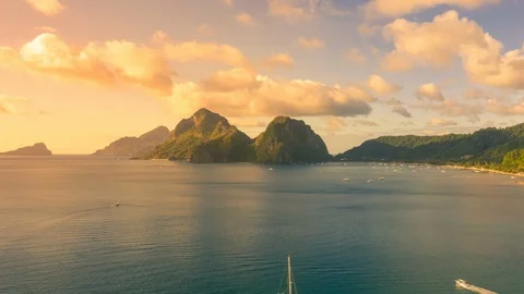 Corong corong beach during sunset in El Nido, Palawan, Philippines. Aerial Drone Stock Footage 104230043