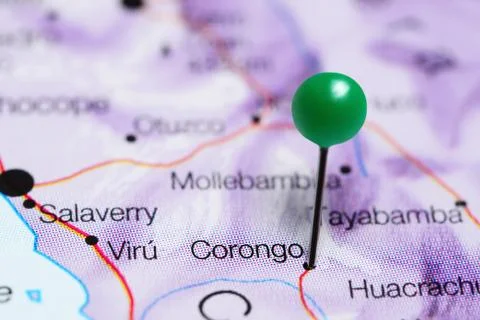 Corongo pinned on a map of Peru Foto stock