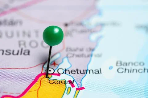 Corozal pinned on a map of Belize Stock Photos