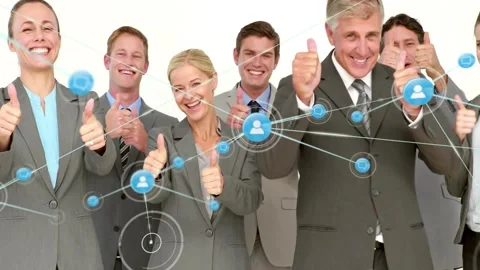 Corp team giving thumbs-up while blue node popping and HUD lines crossing faces Stockbeeldmateriaal 331736253
