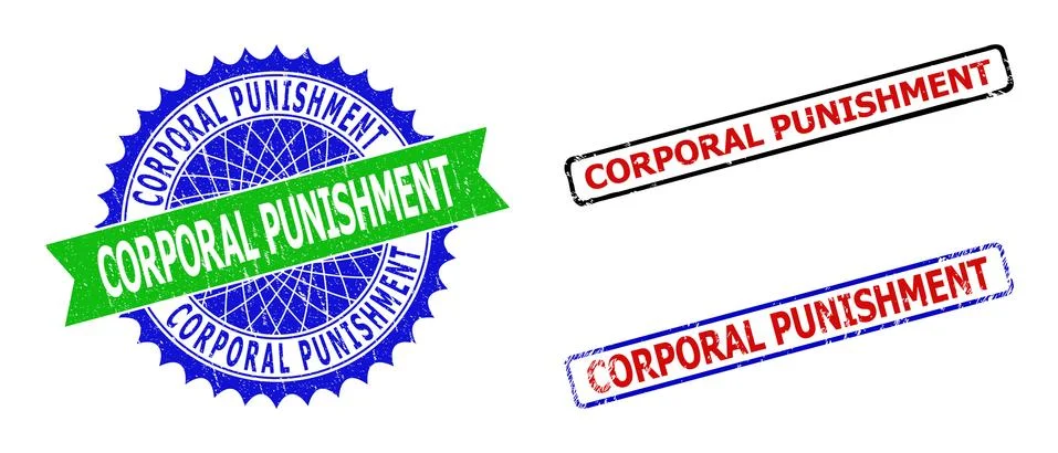 CORPORAL PUNISHMENT Rosette and Rectangle Bicolor Seals with Grunged Surfaces Stock Illustration