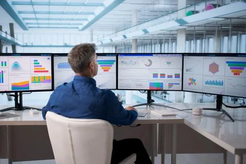 Corporate Analyst Analyzing Data On Computer Screen In Office Setting. Foto stock