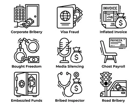 Corporate Bribery Icon Set with Invoice Fraud and Ghost Payroll Stock Illustration