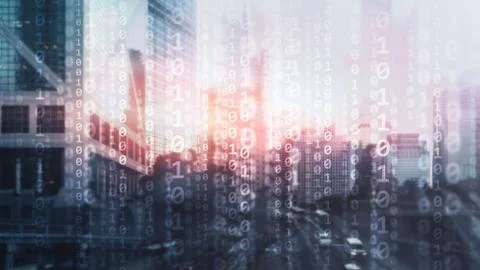 Corporate Business Concept. Binary Code on Moderns City Bulidings Stock Illustration