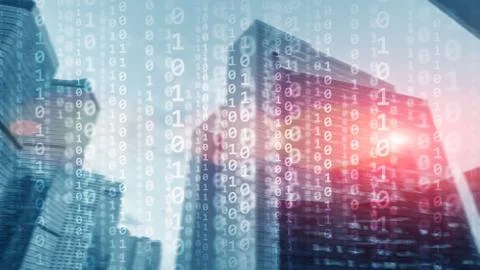 Corporate Business Concept. Binary Code on Moderns City Bulidings. Stockfoto's