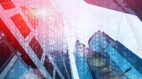 Corporate Business Concept. Binary Code on Moderns City Bulidings. Stockfoto's