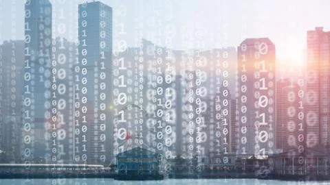 Corporate Business Concept. Binary Code on Moderns City Bulidings. Stock Photos