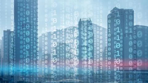 Corporate Business Concept. Binary Code on Moderns City Bulidings. Stock Photos