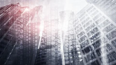 Corporate Business Concept. Binary Code on Moderns City Bulidings. Stock Photos