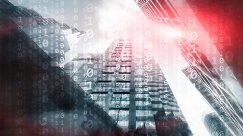 Corporate Business Concept. Binary Code on Moderns City Bulidings. Foto stock