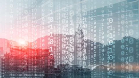 Corporate Business Concept. Binary Code on Moderns City Bulidings. 스톡 사진