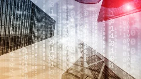 Corporate Business Concept. Binary Code on Moderns City Bulidings. Foto stock