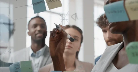 Corporate business people using sticky notes brainstorming problem solving Stock Footage
