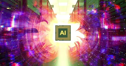 Corporate cloud server with central AI chip processor. Stock Footage 332429038