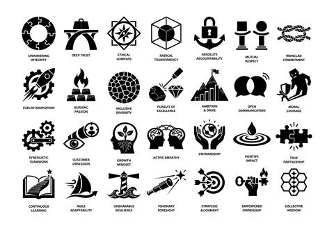 Corporate core values icon set featuring twenty-eight black flat vector sym.. Illustrazione stock