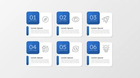 Corporate development planning blue square infographic 6 steps Stock Illustration