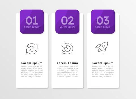 Corporate development presentation purple rectangle infographic 3 steps Stock Illustration
