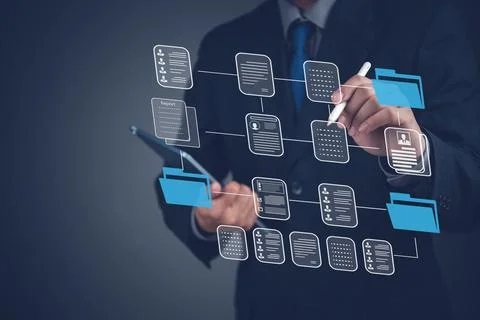 Corporate digital workflow concept with data folders, reports and interface.. 스톡 사진