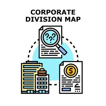 Corporate division map visualizing company structure and financial review p.. Stock Illustration